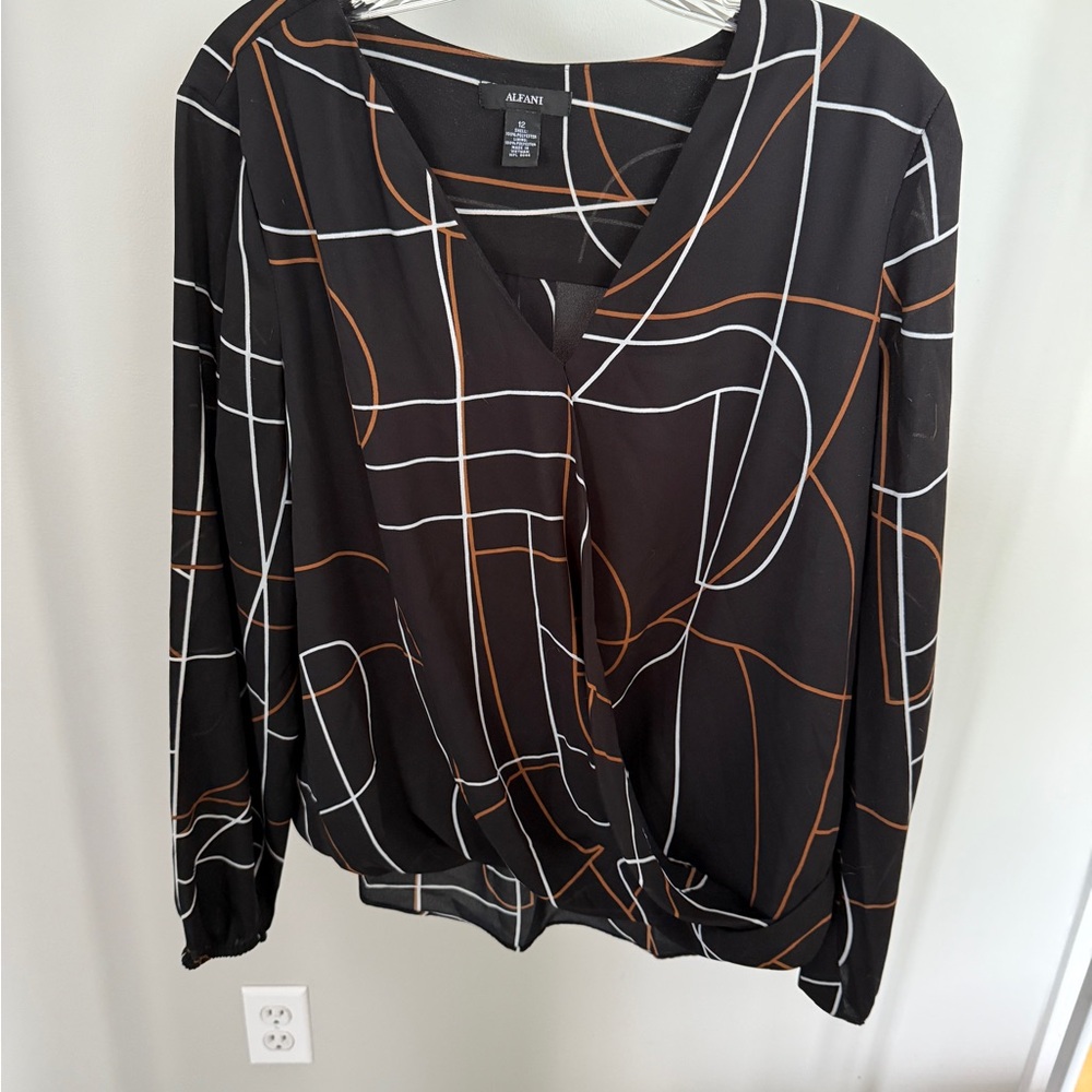 3. Alfani Black and White Abstract Blouse
